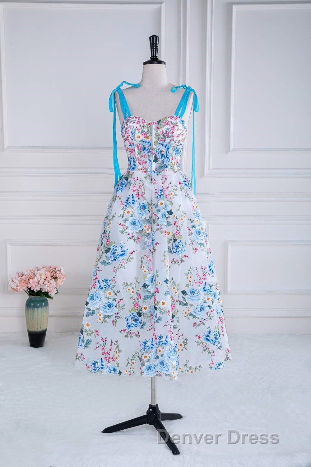 Blue and White Floral Bow Tie Straps A Line Tea Length Prom Dresses