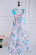 Blue and White Floral Bow Tie Straps A Line Tea Length Prom Dresses