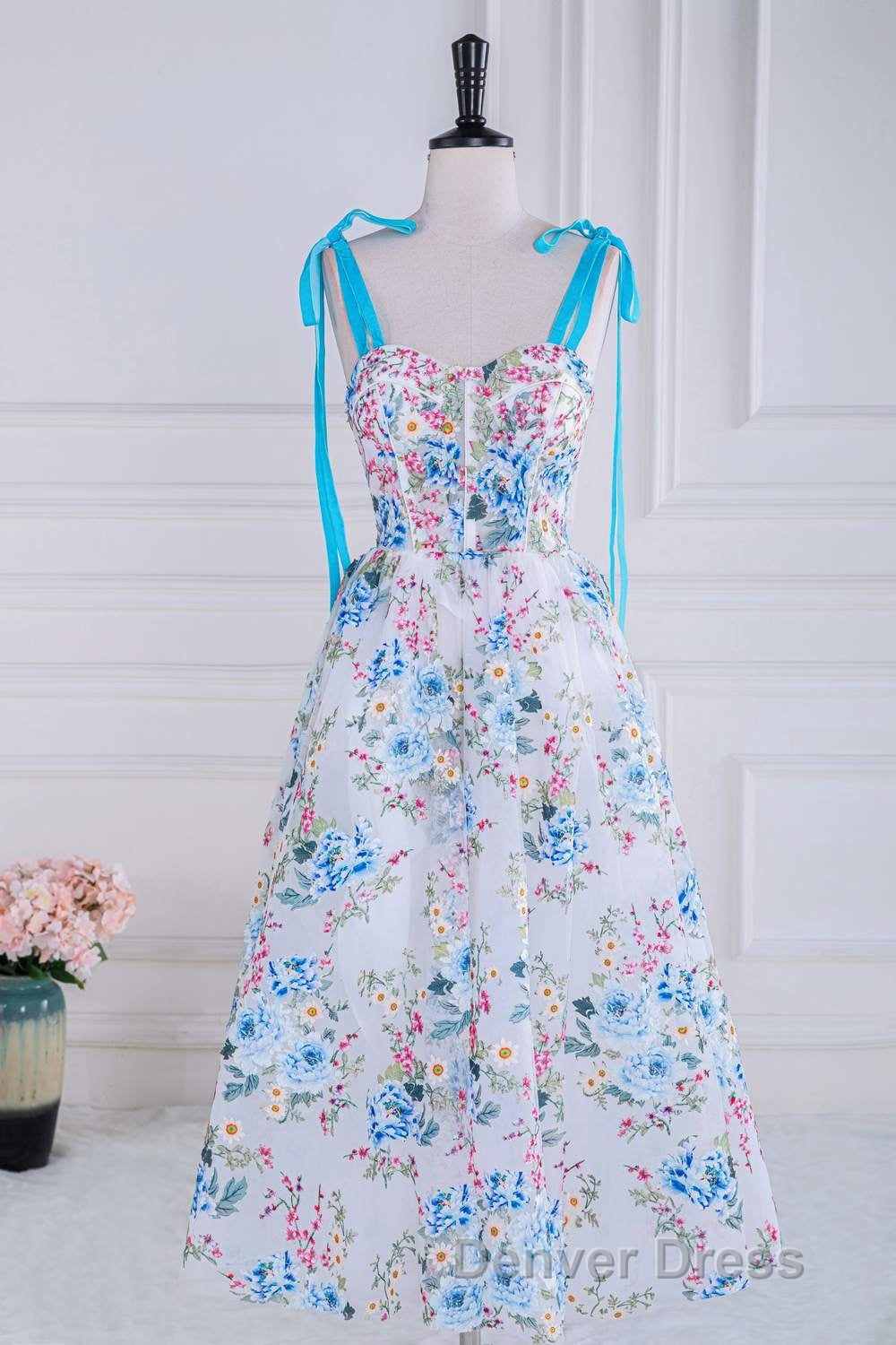 Blue and White Floral Bow Tie Straps A Line Tea Length Prom Dresses