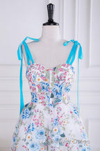 Blue and White Floral Bow Tie Straps A-line Tea-Length Prom Dresses
