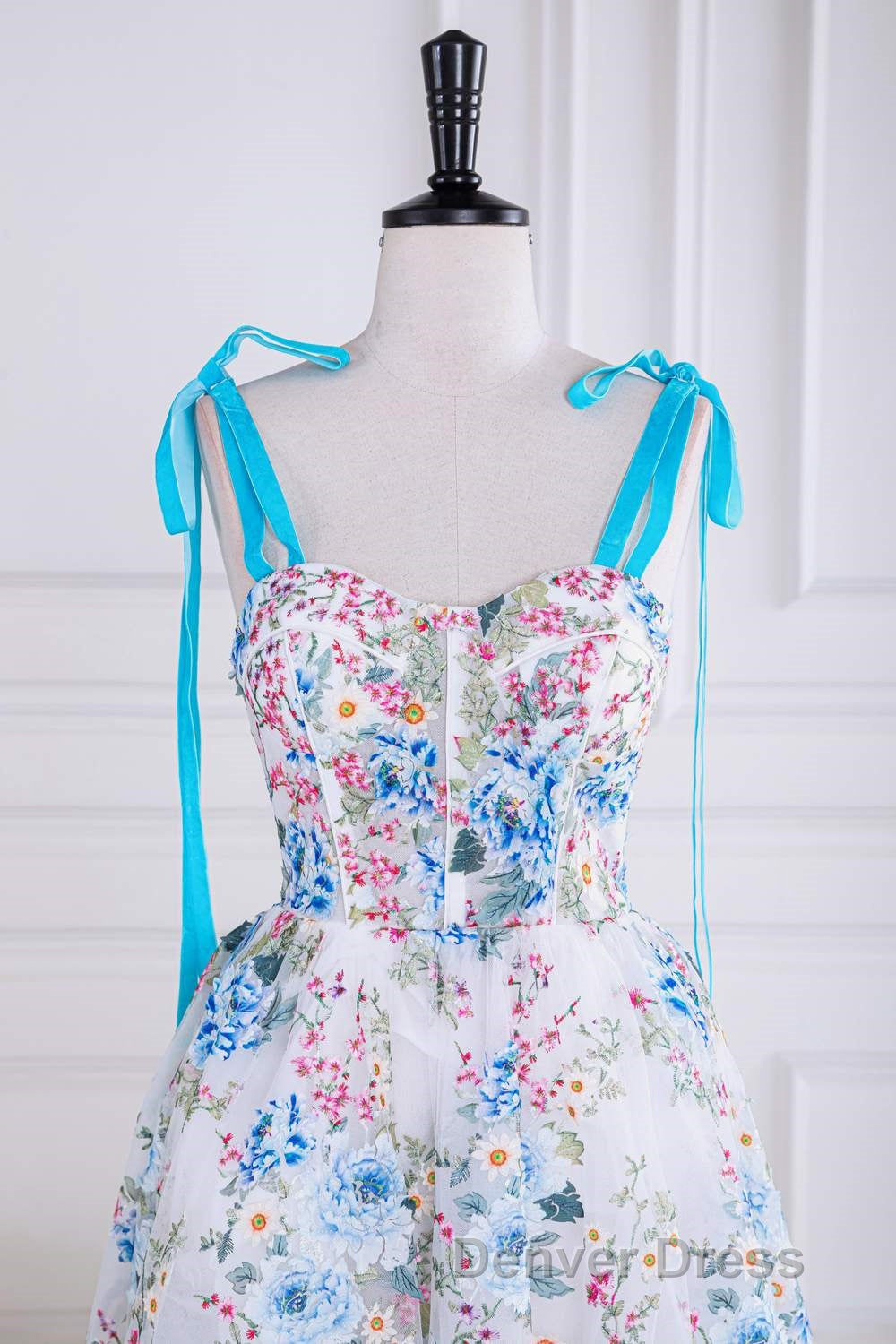 Blue and White Floral Bow Tie Straps A-line Tea-Length Prom Dresses