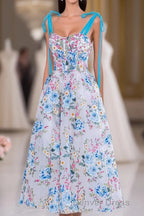 Blue and White Floral Bow Tie Straps A-line Tea-Length Prom Dresses