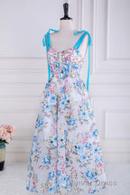 Blue and White Floral Bow Tie Straps A-line Tea-Length Prom Dresses