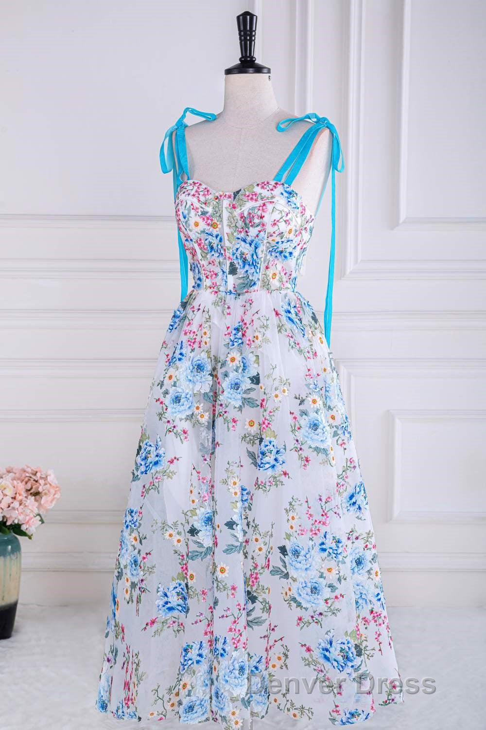 Blue and White Floral Bow Tie Straps A Line Tea Length Prom Dresses