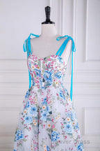 Blue and White Floral Bow Tie Straps A Line Tea Length Prom Dresses