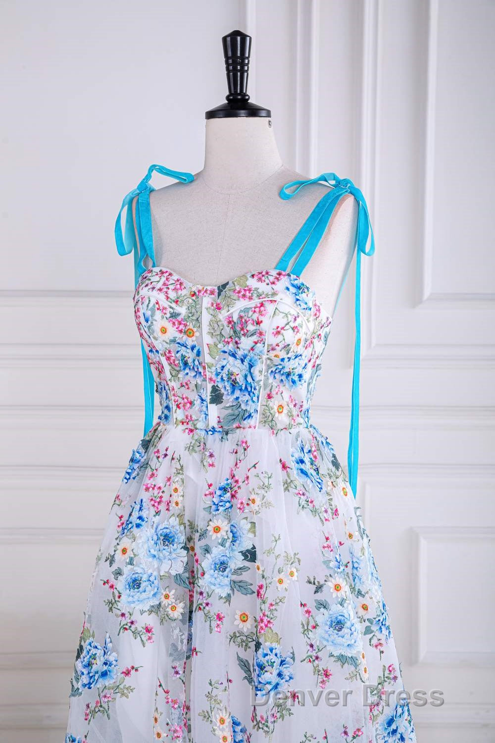 Blue and White Floral Bow Tie Straps A Line Tea Length Prom Dresses