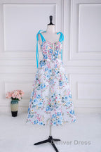 Blue and White Floral Bow Tie Straps A-line Tea-Length Prom Dresses