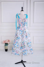 Blue and White Floral Bow Tie Straps A Line Tea Length Prom Dresses