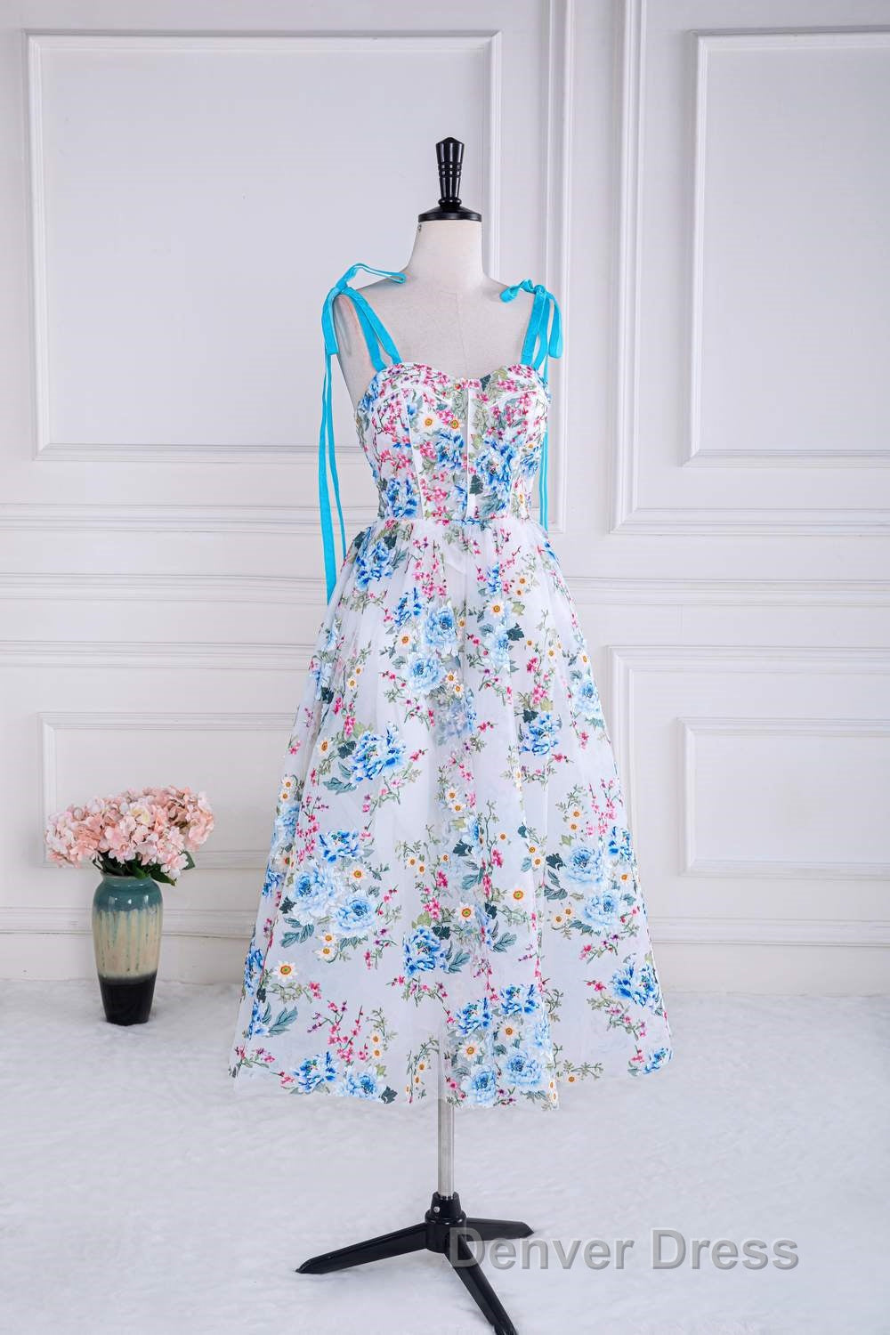 Blue and White Floral Bow Tie Straps A Line Tea Length Prom Dresses