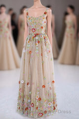 Dusty Pink Sequined Floral Appliques A-line Long Prom Dresses