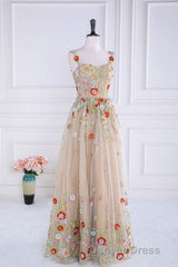 Dusty Pink Sequined Floral Appliques A-line Long Prom Dresses