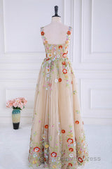 Dusty Pink Sequined Floral Appliques A-line Long Prom Dresses