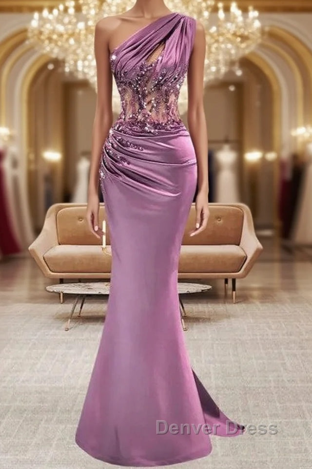 Lilac One Shoulder Mermaid Prom Dresses with Beads Main image