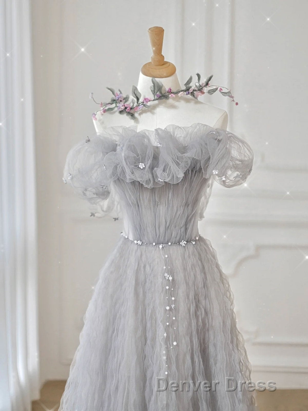 Gray Tulle A Line Off the Shoulder Prom Dress Long Prom Dresses