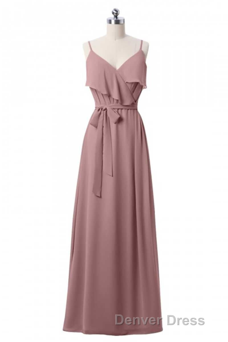 Mauve Pink Chiffon Spaghetti Straps Ruffled A-Line Bridesmaid Dresses