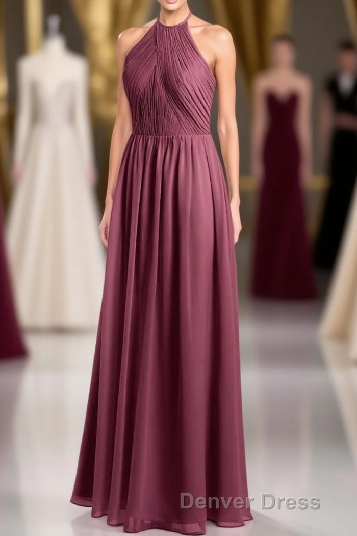 Mauve Chiffon Halter Backless A Line Long Bridesmaid Dresses