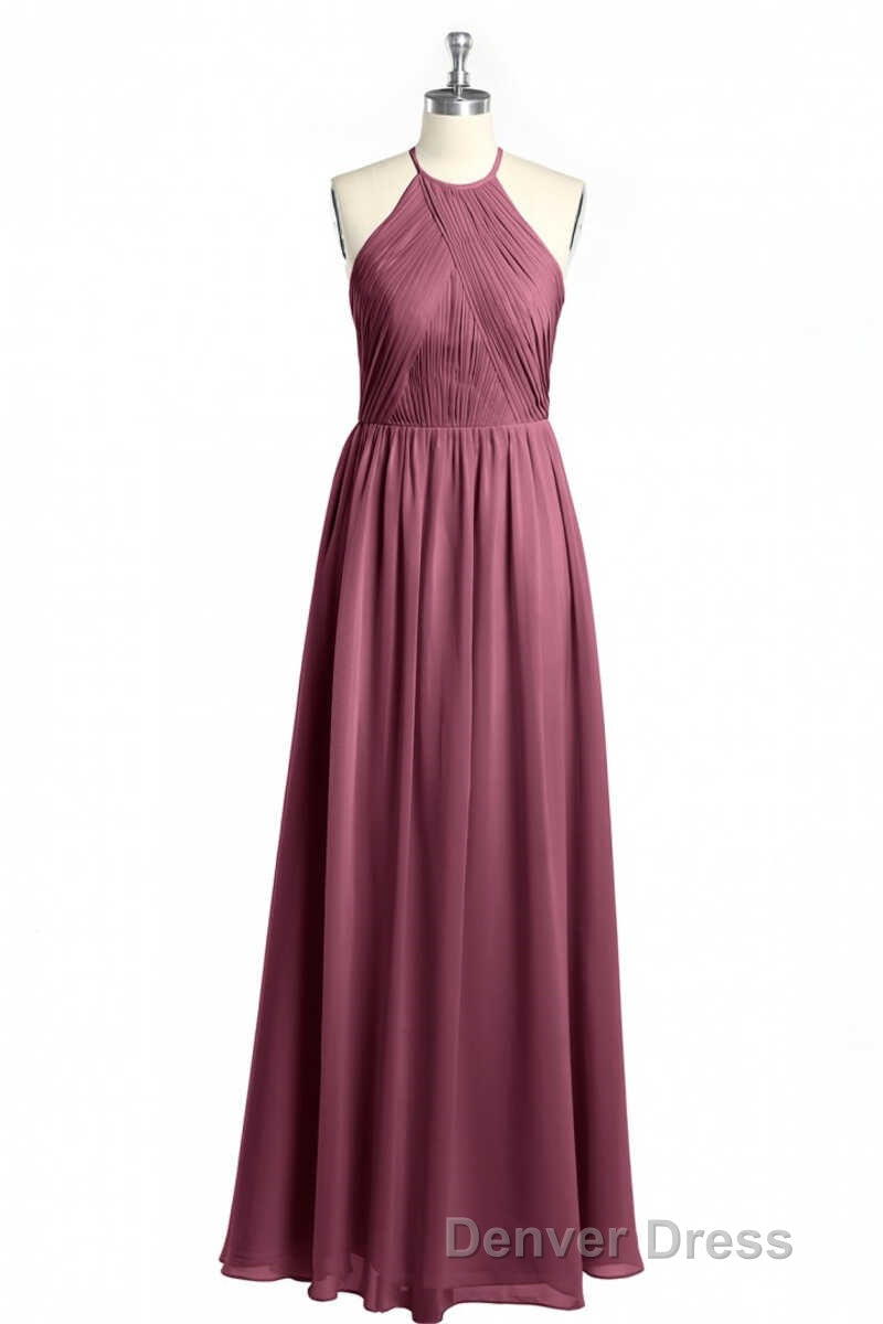Mauve Chiffon Halter Backless A Line Long Bridesmaid Dresses