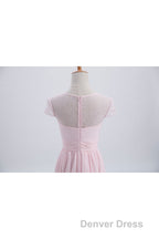 Princess Pink Chiffon and Lace Short Sleeves Bridesmaid Dresses
