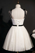 Beige Straps Backless A Line Short Homecoming Dresses