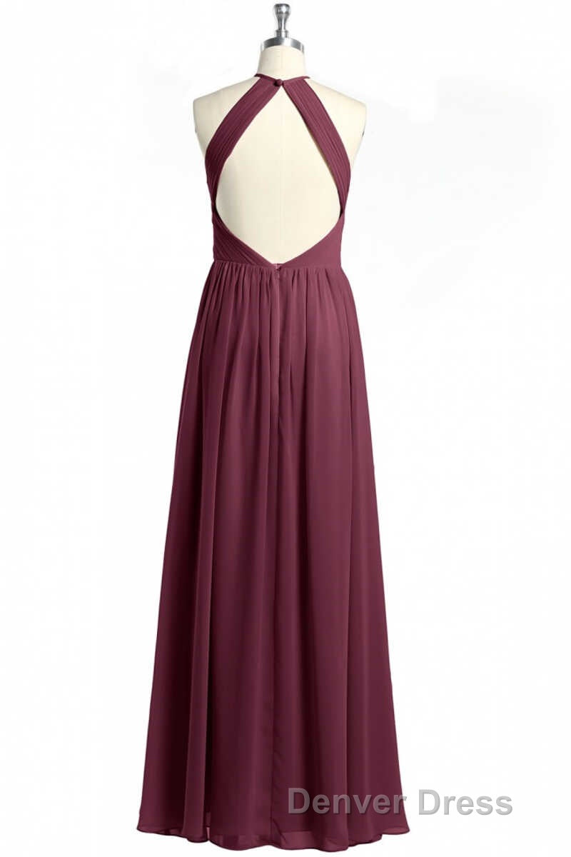 Mauve Chiffon Halter Backless A Line Long Bridesmaid Dresses