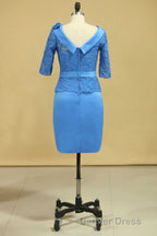 Blue Lace Crew Neck Half Sleeve Short Mother of the Bride Dresses