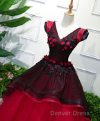 Unique Burgundy V Neck Tulle Long Prom Dress, Burgundy Prom Dresses