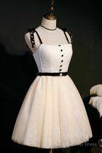 Beige Straps Backless A Line Short Homecoming Dresses