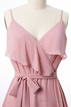 Mauve Pink Chiffon Spaghetti Straps Ruffled A-Line Bridesmaid Dresses