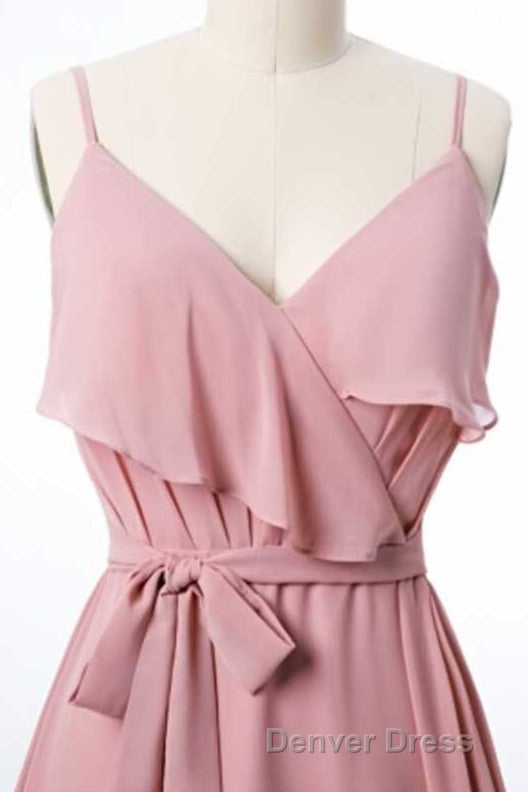Mauve Pink Chiffon Spaghetti Straps Ruffled A-Line Bridesmaid Dresses
