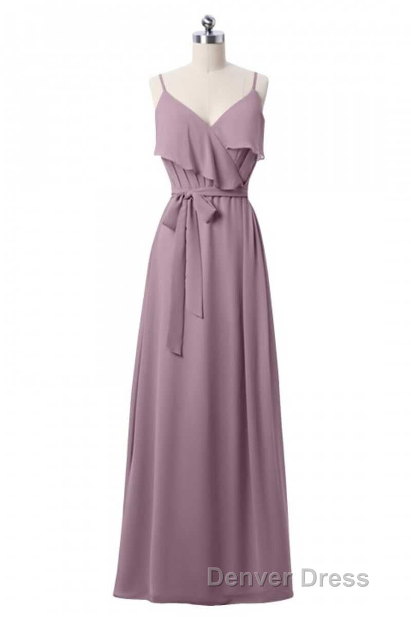 Mauve Pink Chiffon Spaghetti Straps Ruffled A Line Bridesmaid Dresses