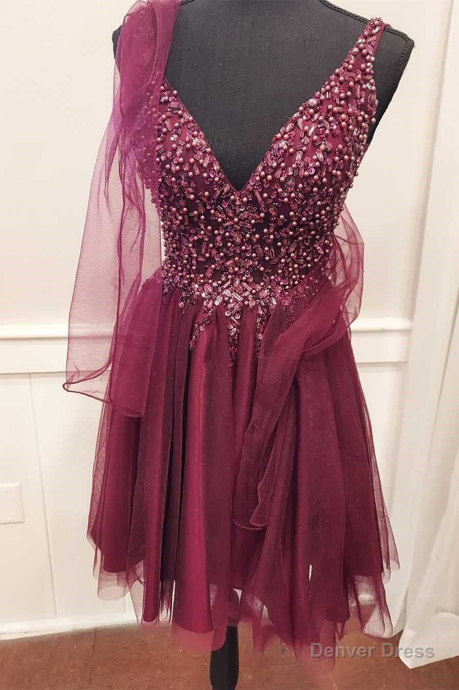 A Line Burgundy Beaded Tie Back Homecoming Dresses