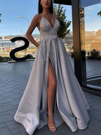 Simple A Line V Neck Satin Long Prom Dress Satin Prom Dresses