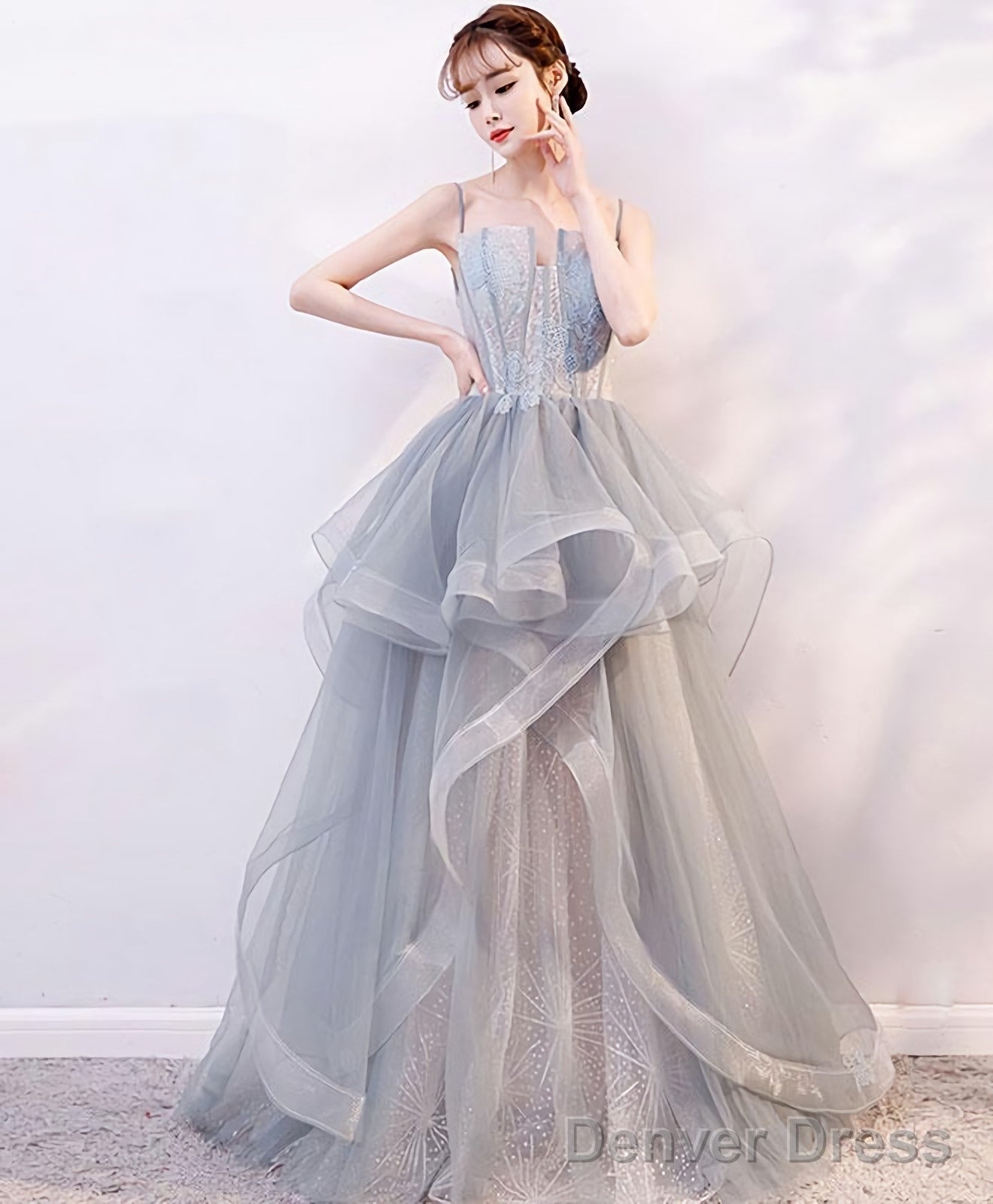 Gray Tulle Lace Long Prom Dress Gray Tulle Lace Prom Dresses 2
