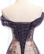 Unique Tulle Off Shoulder Lace Long Prom Dresses, Lace Formal Dresses