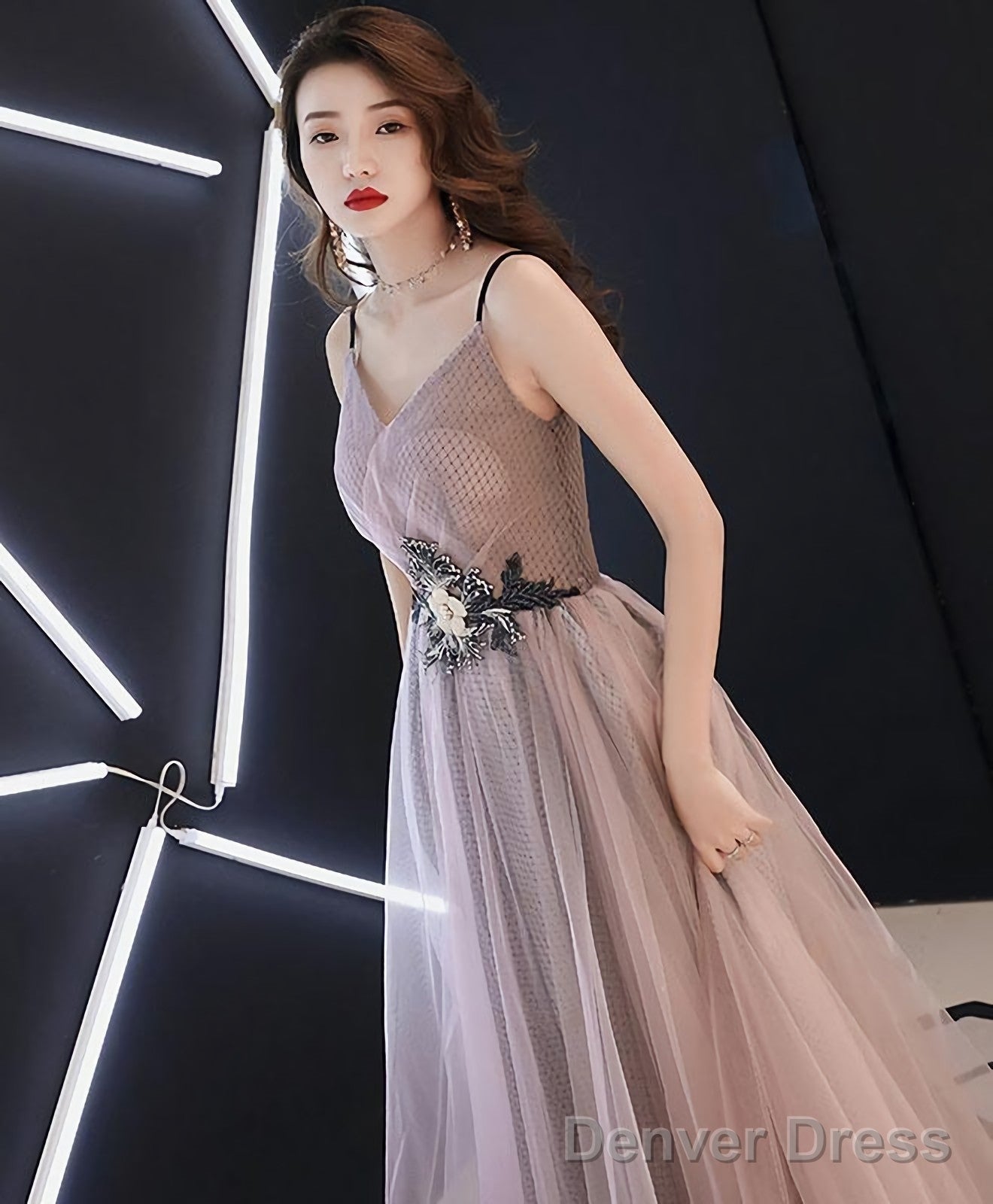 Champagne V Neck Tulle Long Prom Dress