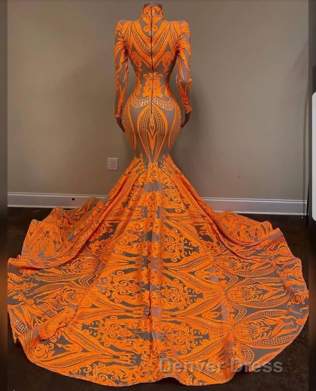 Hot Orange High neck Long Sleeves Mermaid Sequin Prom Dresses Secondary image