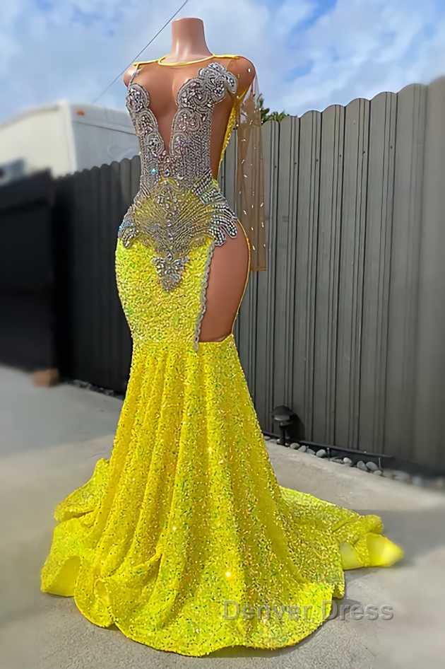 Round neck Silver Beaded Mermaid Yellow Sequin Prom Dresses Secondary image