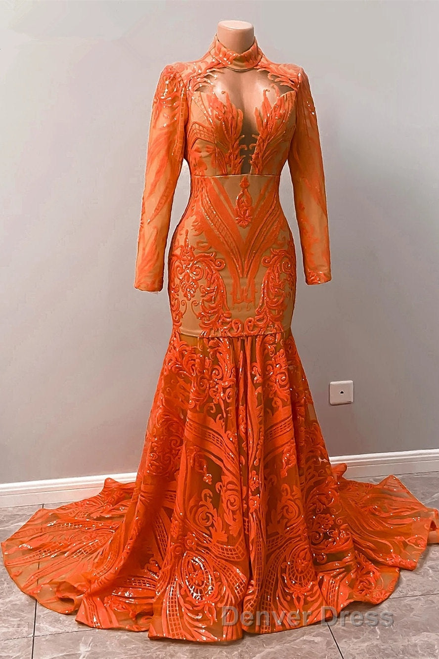Hot Orange High neck Long Sleeves Mermaid Sequin Prom Dresses