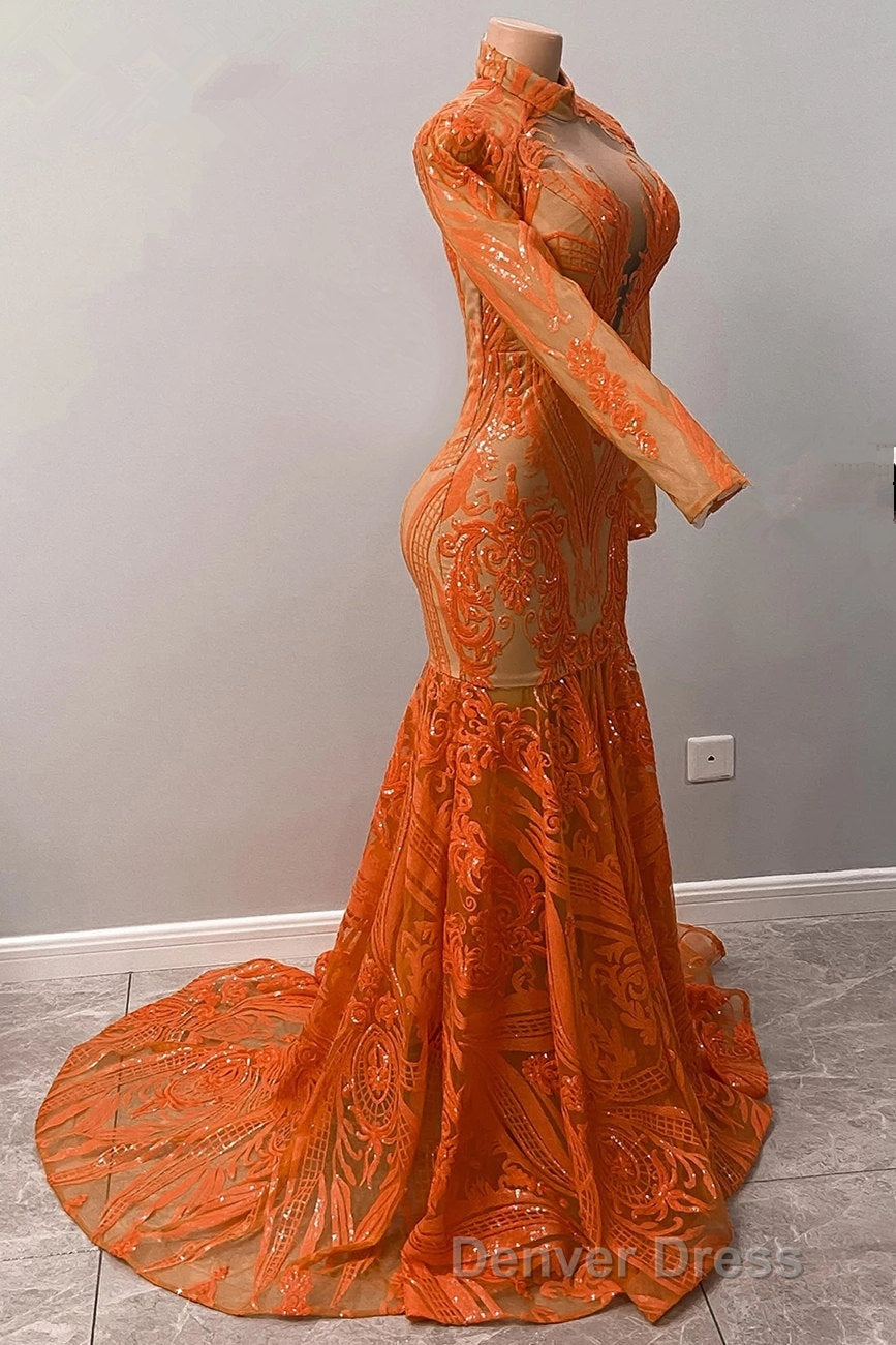 Hot Orange High neck Long Sleeves Mermaid Sequin Prom Dresses