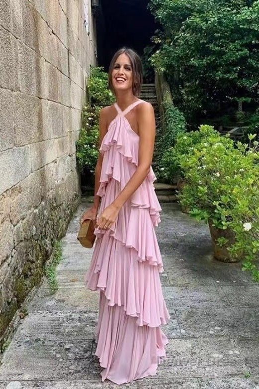 A Line Straps Tiered Chiffon Floor Length Long Prom Dress Pink Bridesmaid Dresses