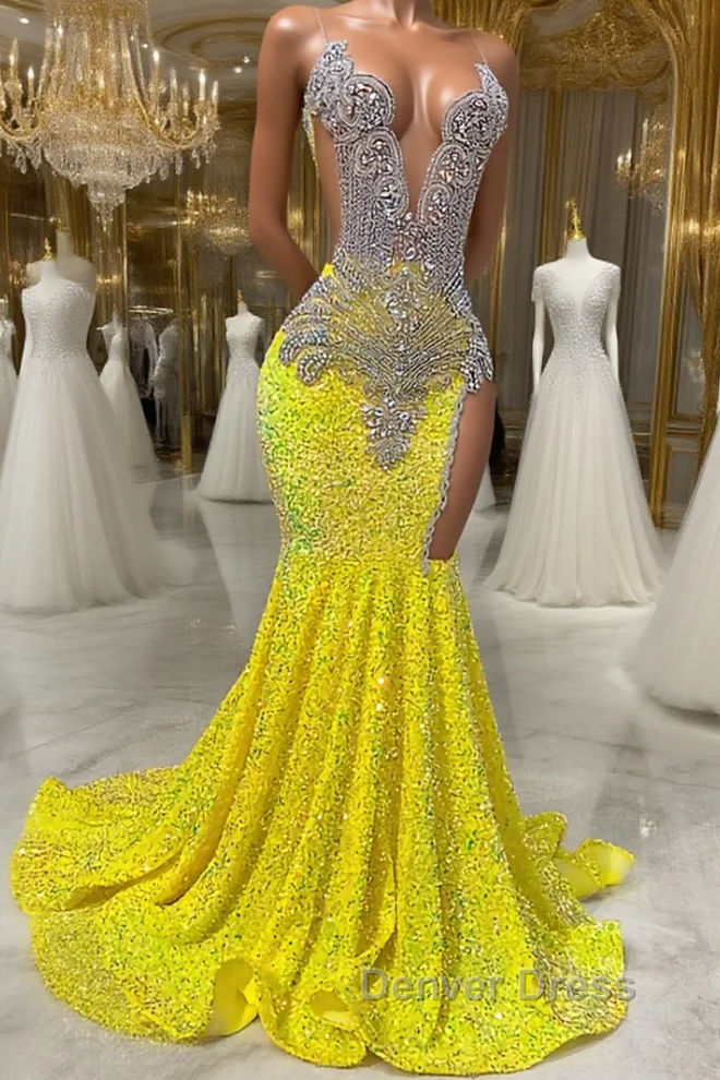 Round neck Silver Beaded Mermaid Yellow Sequin Prom Dresses Main image