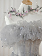 Gray Tulle A Line Off the Shoulder Prom Dress Long Prom Dresses