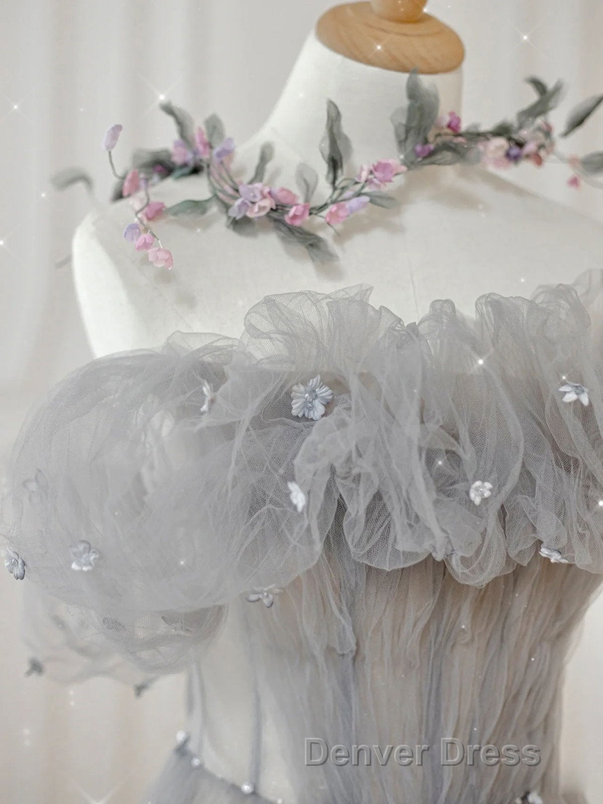 Gray Tulle A Line Off the Shoulder Prom Dress Long Prom Dresses