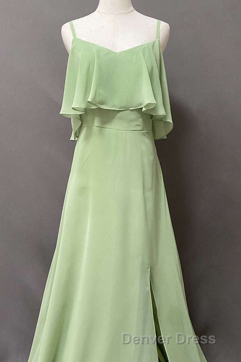 Ruffles Sage Green Straps A-Line Long Bridesmaid Dresses with Slit