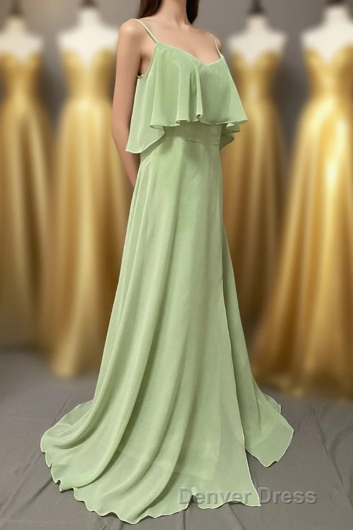 Ruffles Sage Green Straps A-Line Long Bridesmaid Dresses with Slit Main image
