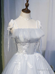 Gray Tulle Lace Short Prom Dress, Gray Tulle Homecoming Dress