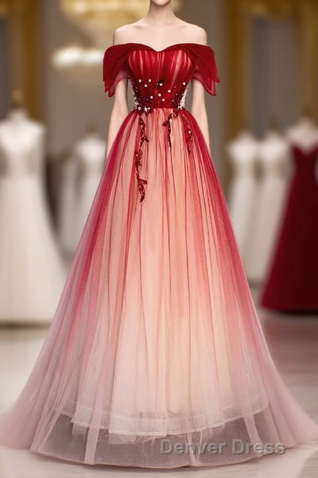 Burgundy Off Shoulder Tulle Long Prom Dress, Burgundy Prom Dresses, 1 Main image