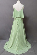 Ruffles Sage Green Straps A-Line Long Bridesmaid Dresses with Slit