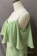 Ruffles Sage Green Straps A Line Long Bridesmaid Dresses with Slit