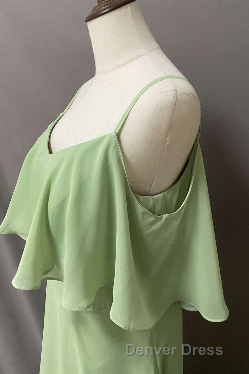 Ruffles Sage Green Straps A Line Long Bridesmaid Dresses with Slit